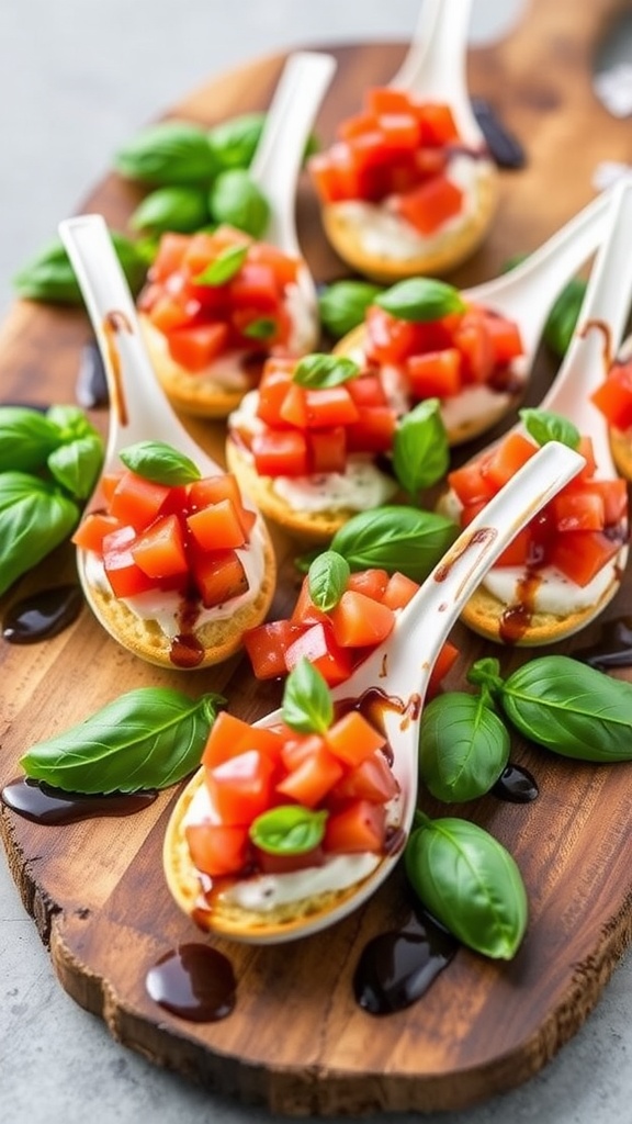 Tomato basil bruschetta served on spoons, garnished with balsamic glaze on a rustic platter.